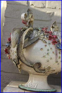 HUGE Antique Art nouveau Majolica faience dragons gothic planter jardiniere