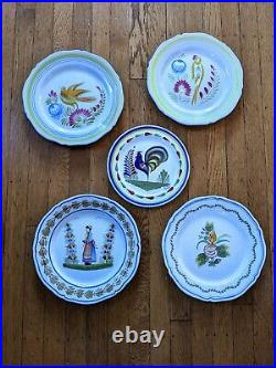 Henriot Quimper Faience Pottery Plates SET of 5 Hand-Painted France Bird, Roos