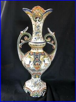 Huge Antique ROUEN French Tin Glaze Faience Pottery Vase
