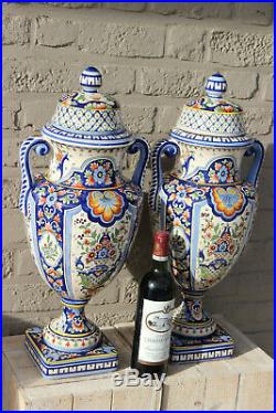 Huge majestical Hand paint ROUEN French Faience porcelain Vases marked