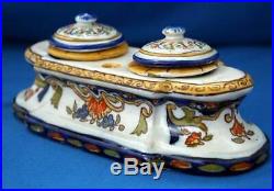 Inkwell Antique Rouen French Faience Pottery Ceramic Hand Painted Quimper Style
