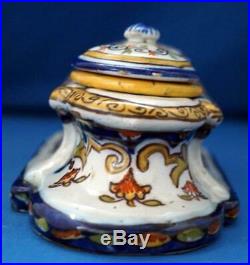 Inkwell Antique Rouen French Faience Pottery Ceramic Hand Painted Quimper Style