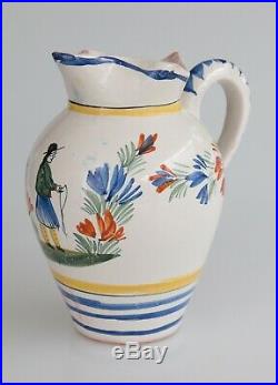 Large Antique Early 1900's French Faience Quimper Hand Painted Pitcher Jug 8.25