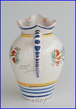 Large Antique Early 1900's French Faience Quimper Hand Painted Pitcher Jug 8.25