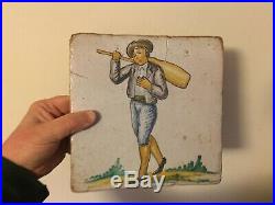 Large Antique French Delft Tin Glaze Faience Pottery Tile 18th 19th c