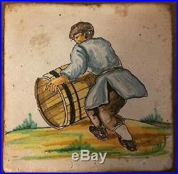 Large Antique French Delft Tin Glaze Faience Pottery Tile 18th 19th c. Wine Cask