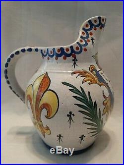 Large Antique French Faience CA Alcide Chaumeil Pitcher with Brittany Crest