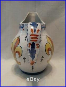 Large Antique French Faience CA Alcide Chaumeil Pitcher with Brittany Crest