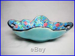 Large Antique LONGWY Faience Pottery OVAL BOWL Dish Signed Open Handles Enamel