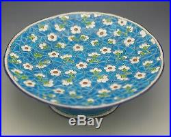 Longwy France Majolica Faience Cake Stand Tazza Turquoise Floral Antique