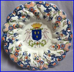 Lovely antique Desvres French faience painted scalloped plate with coat of arms