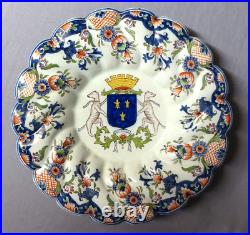 Lovely antique Desvres French faience painted scalloped plate with coat of arms