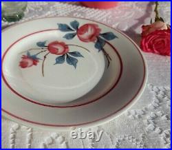 Lovely antique french dish & 3 plates Ceranord red roses hand painted 1930s