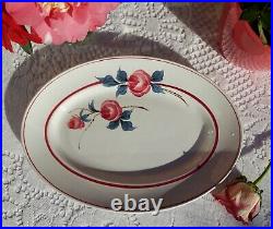 Lovely antique french dish & 3 plates Ceranord red roses hand painted 1930s