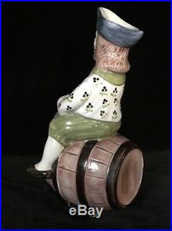 MAN ON BARREL Desvres French Faience DECANTER, Antique Bottle TOBY JUG c1910