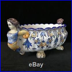 MONTAGNON NEVERS Compote Jardiniere Caryatid Handles Antique French Faience 1910