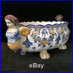MONTAGNON NEVERS Compote Jardiniere Caryatid Handles Antique French Faience 1910