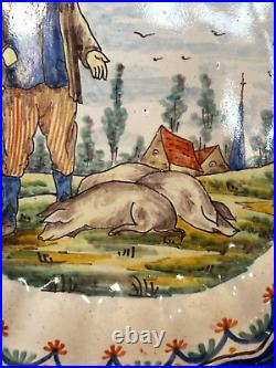 MONTAGNON SCALLOPED PLATE Fermier avec Cochons Nevers French Faience 1895 3 PIGS