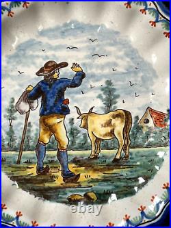 MONTAGNON SCALLOPED PLATE- Fermier avec Vache Nevers French Faience c1895 #2 COW