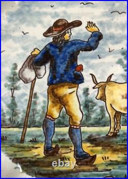MONTAGNON SCALLOPED PLATE- Fermier avec Vache Nevers French Faience c1895 #2 COW