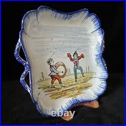 MONTAGNON SQUARE SCALLOPED PLATE DRUMMER & DANCER Nevers French Faience c1895