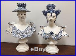 Mid-century Modern Blue And White French Faience Ceramic Bust Of Chinese Couple