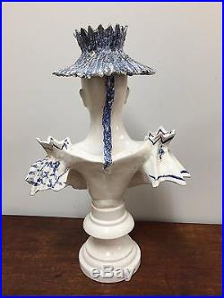 Mid-century Modern Blue And White French Faience Ceramic Bust Of Chinese Couple