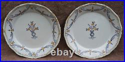 Nevers French Hand Painted Faience Pair Plates Grisaille Floral Decor Revolution