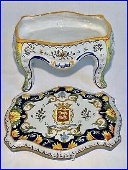 OLD ROUEN French (pre 1920) Jules Verlingue Faience Crest Box + Lid Chest Table