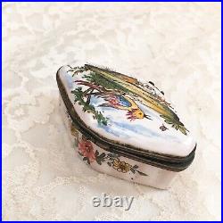 Old Antique French Faience-Aprey c. 1750s Trinket Hinged Box Hand Painted