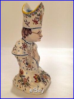 Old or Antique Rouen French Faience Pottery Candlestick Bishop or Pope PT