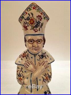 Old or Antique Rouen French Faience Pottery Candlestick Bishop or Pope PT