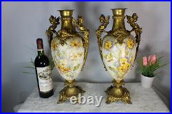PAIR Antique French faience porcelain Enamel Floral Brass caryatid Vases