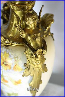 PAIR Antique French faience porcelain Enamel Floral Brass caryatid Vases