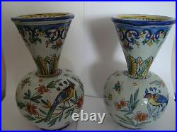 PAIR SCARCE ANTIQUE FRENCH FAIENCE BULBOUS SHAPED VASES MARKED, 1 SUPER, 1 a/f