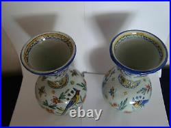 PAIR SCARCE ANTIQUE FRENCH FAIENCE BULBOUS SHAPED VASES MARKED, 1 SUPER, 1 a/f