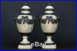 PAIR XL ceramic Faience craquele VASES satyr devil heads 1930 French