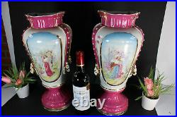 PAIR XL french antique pink faience porcelain Romantic Vases marked