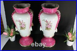 PAIR XL french antique pink faience porcelain Romantic Vases marked