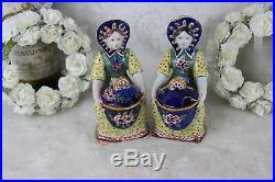 PAIR antique Desvres faience French Mustard Pots kitchen tableware
