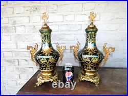 PAIR antique French Faience art nouveau dragon urns vases
