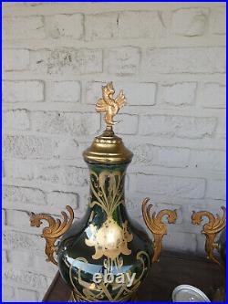 PAIR antique French Faience art nouveau dragon urns vases