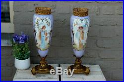 PAIR antique French Faience porcelain Lady figurine portrait Vases soft pastel