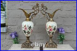 PAIR antique French faience Ewers vase with bird figurine floral decor
