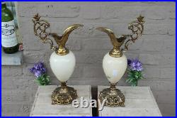 PAIR antique French faience Ewers vase with bird figurine floral decor