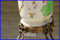 PAIR antique French faience Vases heron butterfly birds Brass base