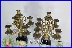 PAIR antique French faience romantic victorian scene Candelabras candle holders