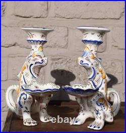 PAIR antique french faience Dragon chimaera figural candle holder candlestick