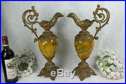 PAIR antique spelter bronze faience French ewer pitcher Vases putti figurines