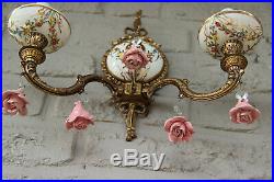 PAIR vintage French porcelain faience Wall lights sconces rose flowers